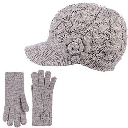 Womens Winter Elegant Cable Flower Knitted Newsboy Cabbie Cap Beret Beanie Hat with Visor, Warm Plush Fleece Lined - color: Dk.beige Cable Flower-hat Gloves Set # 2