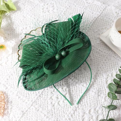 AQOKKA Women Fascinators Hats Flower Mesh Feathers Headband Clip - color: 1 Pc Feather Fascinators : Green