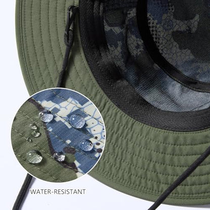 BASSDASH UPF 50+ Water-Resistant Fishing Bucket Hat with Laser Perforated Mesh Adjustable for Men Women Outdoor Hiking - color: Green Vegetation Camo