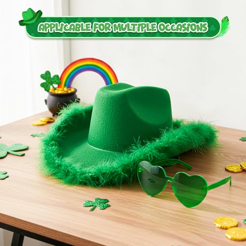 4E's Novelty Cowboy Hat with feathers With Heart Shaped Sunglasses for Women, Felt Cowgirl Hat for Party Costume Dress Up - color: Green