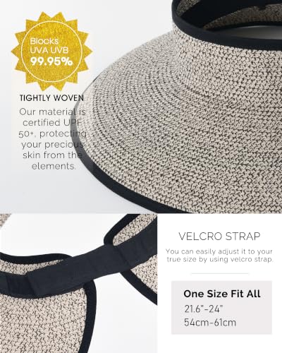 FURTALK Womens Sun Hat with Ponytail Hole Wide Brim Beach Straw Visor - color: Mix Khaki With Black