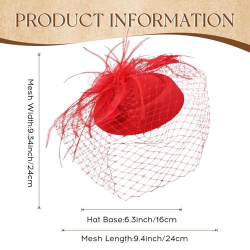 Fascinator Hat Veil Feather Fascinator Tea Party Bridal Wedding Veil Retro Hat Pillbox Hat - color: Red