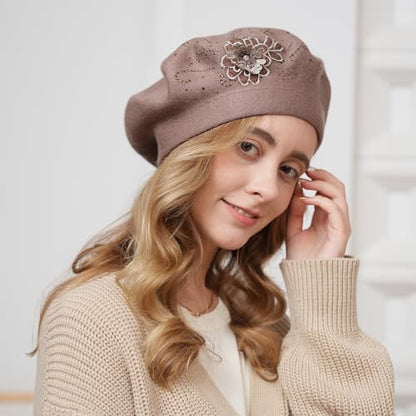 Flower Embroidery Beret Hat for Women, French Style Knitted Beret Hats, Stylish Solid Color Beret Cap for Women Girls Lady - color: Navy Blue