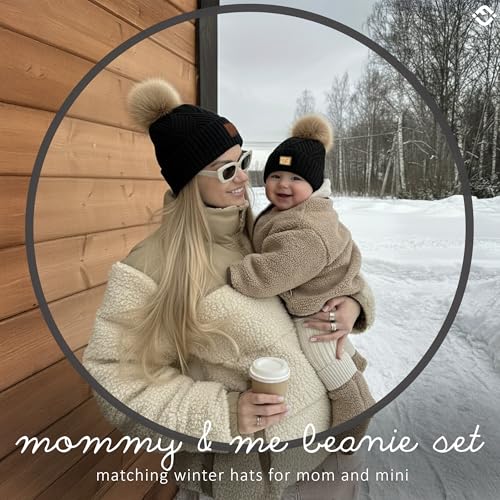 Funky Junque Mommy & Me Pom Pom Beanies Set – Infant Baby & Mom Matching Winter Outfits, Warm Newborn & Women's Beanie Hats - color: Diagonal Basketweave - Black