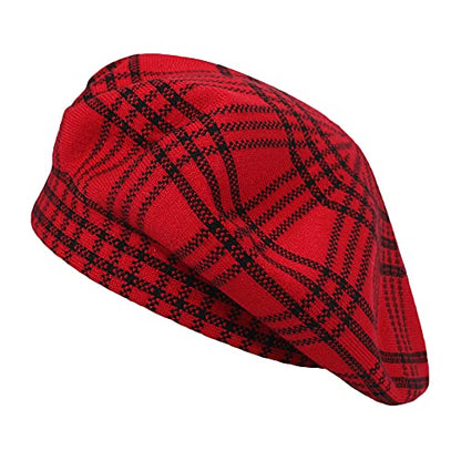 ZLYC Women French Beret Hat Reversible Knit Thickened Warm Artist Cap - color: Checkered Red