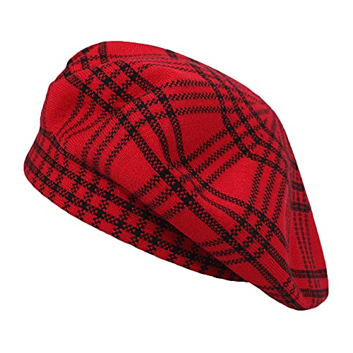 ZLYC Women French Beret Hat Reversible Knit Thickened Warm Artist Cap - color: Checkered Red