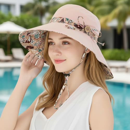 Women Bohemian Reversible Sun Hat Wide Brim Fishing Hats - color: Lac001-pink