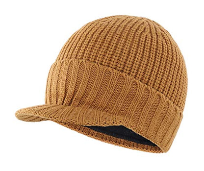 Home Prefer Men's Winter Hat Thick Knit Beanie Cap with Visor Newsboy Beanie Hat - color: Camel