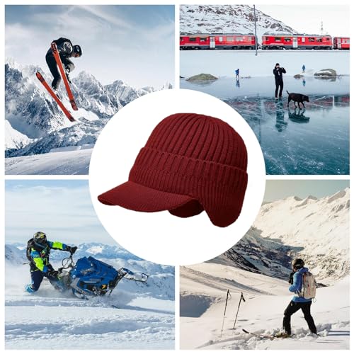 Men's Winter Hat with Brim, Warm Earflaps Hat for Men, Thick Fleece Lined Knit Winter Beanie Outdoor - color: Claret