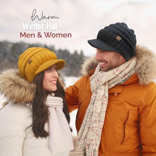 Women Men Winter Beanie Hat with Visor, Warm Fleece Lined Beanie Cap, Thick Knit Cap Slouchy Hat with Brim - color: Heather Grey