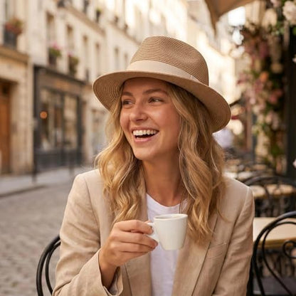DRESHOW Women Straw Panama Hat Travel Fedora Beach Sun Hat Summer Wide Brim Straw Roll up Hat UPF 50+ - color: 1 Pc Roll Up Hat: Khaki + 2 Replaceable Bands