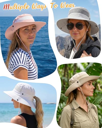 Women's Sun Hat Sun Protection Wide Brim Bucket with Ponytail Hole Summer - color: White