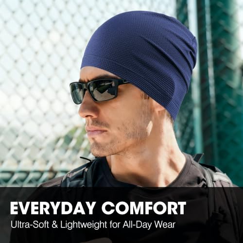 WTACTFUL 3-Pack Breathable Cooling Skull Cap for Men Women Thin Beanie - color: Black+black+blue