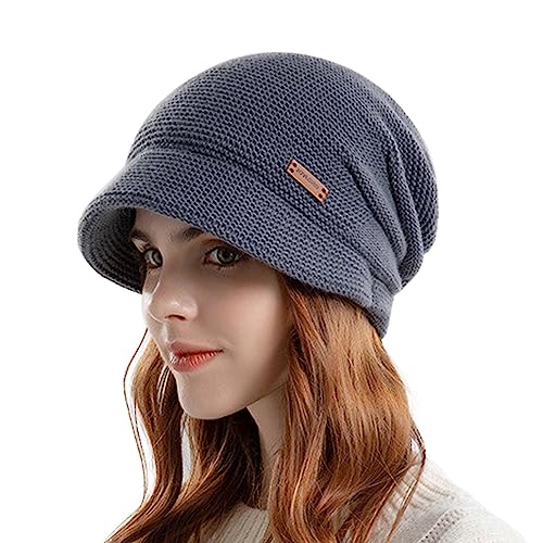 Women Fleece Lined Knitted Hat with Visor Brim, Winter Slouchy Cable Knit Beanie Newsboy Cap for Cold Weather - color: Dark Gray