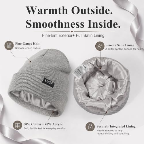 Satin Lined Winter Beanie Hats for Women Men Cotton Knitted Cuffed Knit Hat - color: Light Grey