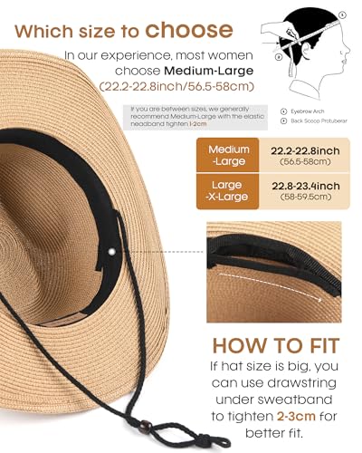 FURTALK Cowboy Sun Hats for Women Men Western Cowgirl Hats with Wind Lanyard Beach Hat - color: Khaki, size: Large-X-Large