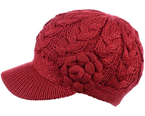 BYOS Womens Winter Chic Cable Warm Fleece Lined Crochet Knit Hat W/Visor Newsboy Cabbie Cap - color: Cable W/ Flower Red