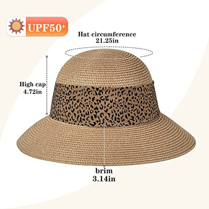 Womens Straw Sun Hat Summer Beach Wide Brim UV Protection Hats with Chin Strap Floppy Foldable Cute Bowknot UPF 50 Cap - color: Leopard Khaki