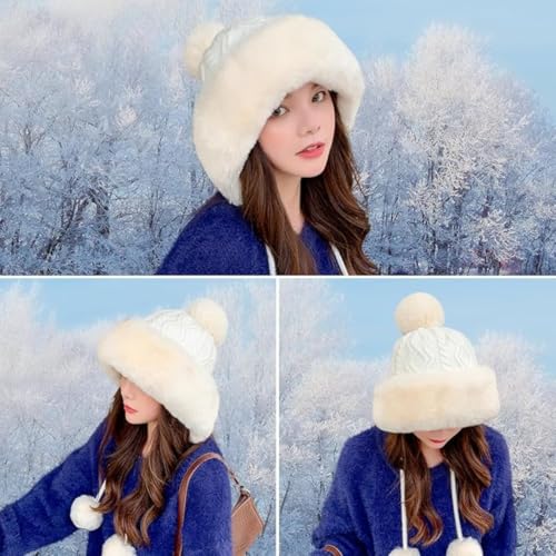 Winter Pompom Beanie Hats for Women Fluffy Knit Skull Cap Womens Faux Fur Crochet Warm Bucket Outdoor Ear Cover - color: White