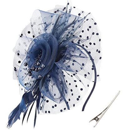 AQOKKA Women Fascinators Hats Flower Fascinators with Headband and Clip Tea Party Headwear for Women and Girls - color: 1 Pc 7" Diameter / Navy