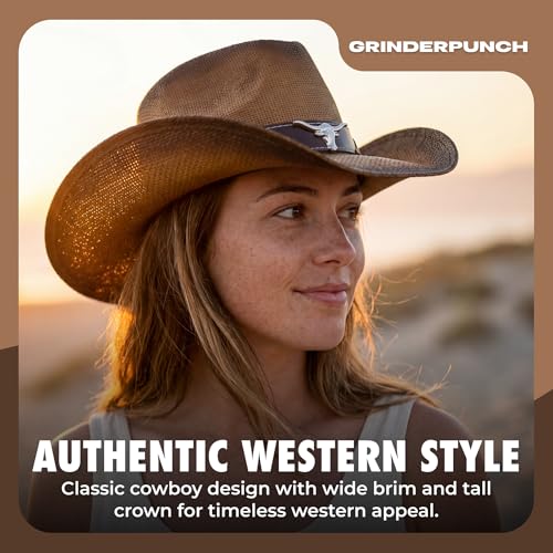 grinderPUNCH Straw Cowboy Hat for Men Women Western Cowgirl Outback Sun Hat - color: Burnished Pecan