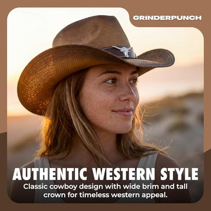 grinderPUNCH Straw Cowboy Hat for Men Women Western Cowgirl Outback Sun Hat - color: Burnished Pecan