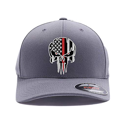 G&B Red Thin Red/Blue Line Spartan Helmet & Distressed Skull Flex Baseball Cap. Embroidered. 6277/6477 Flex Baseball Hat - color: Grey 2, size: Small-Medium