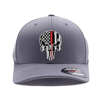 G&B Red Thin Red/Blue Line Spartan Helmet & Distressed Skull Flex Baseball Cap. Embroidered. 6277/6477 Flex Baseball Hat - color: Grey 2, size: Large-X-Large