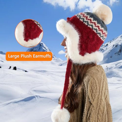 Women Winter Sherpa Beanie Hats Knit Ear Flap Hat Fleece Lined - color: Patterned Wine Red