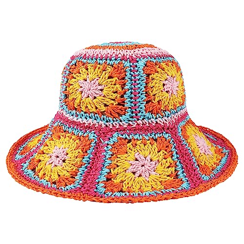 Womens Multicolor Floral Crochet Straw Sun Hat Wide Brim Summer Beach Hat - color: Rose