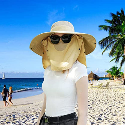 Women Wide Brim Face Mask Sun Hat Detachable Neck Face Flap Ponytail UV Protection Visor Hat Garden Fishing Hiking - color: Hyp008-mise