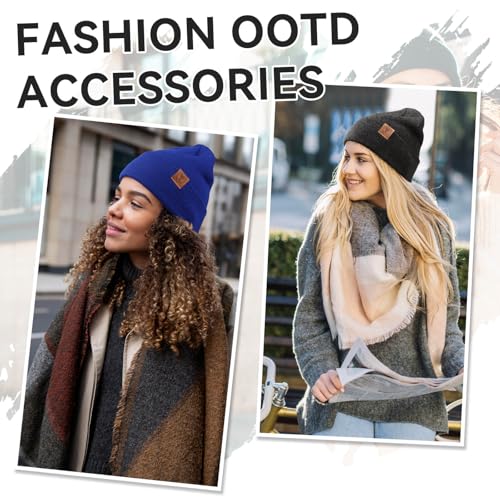 OZERO Beanie for Men and Women, Double-Layer Cuffed Knit Winter Hat - color: Blue+gray