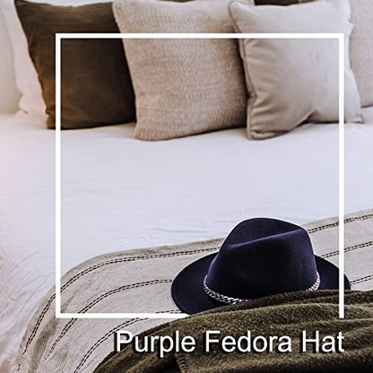 Women Men Wide Brim Fedoran Hat with Chain Belt Buckle - color: Purple