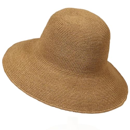 Women Straw Sun Hat Summer Beach Hats Foldable Floppy Cap Wide Brim Bucket Hat Solid Handmade Sun Protection Caps - color: Khaki