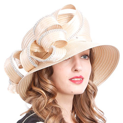 VECRY Womens Tea Party Church Baptism Wedding Derby Dressy Hat - color: Rhinestone-apricot