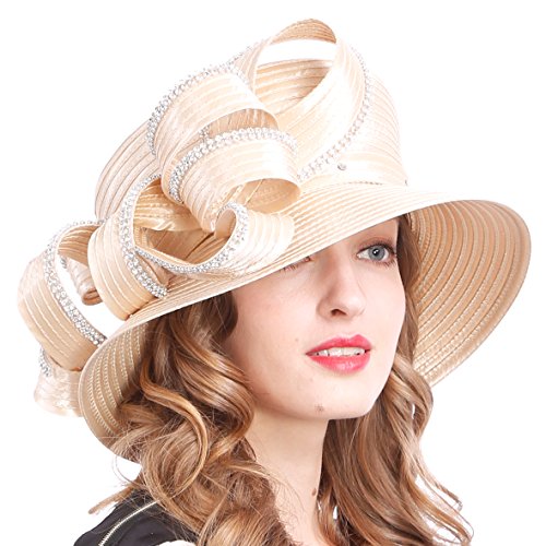 VECRY Womens Tea Party Church Baptism Wedding Derby Dressy Hat - color: Rhinestone-apricot
