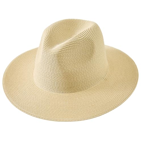 Lanzom Women Wide Brim Straw Panama Roll up Hat Fedora Beach Sun Hat UPF50+ - color: Khaki Without Band, size: One Size-Medium