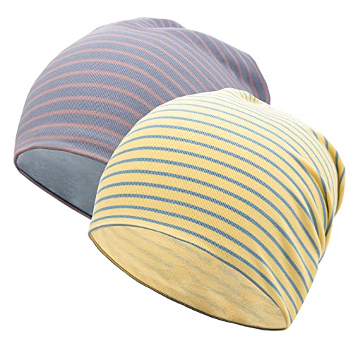 EMPIRELION 9" Women Lightweight Beanies Hats, Thin Sports Running Skull Cap Chemo Headwear Sleep Caps - color: Yellow/Blue Stripe + Pale Lilac/Pink Stripe