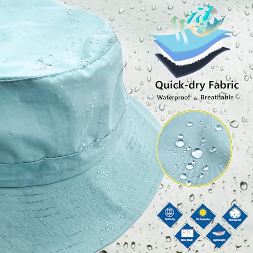 woogwin Waterproof Bucket Rain Hat with Chin Strap Quick Dry Packable Boonie Sun Hat Safari Hat UV Protection - color: Light Blue