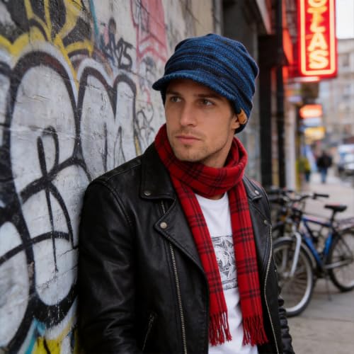 Ruphedy Mens Beanie with Brim Winter Hat Knitted Thick Fleece Visor Beanie - color: B319a-blue