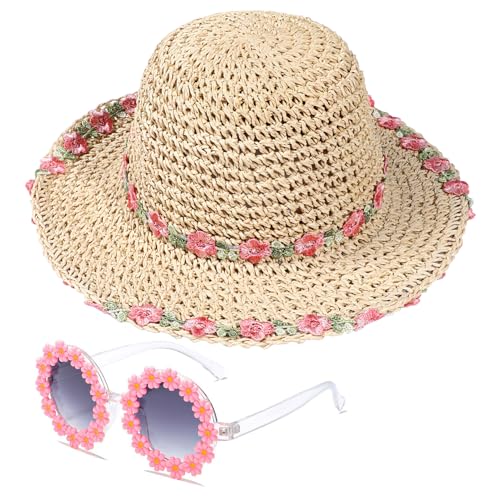 Girls Straw Hat with Flower Round Sunglasses, Summer Foldable Large Brim Sunflower Bowknot Beach Toddler Straw Sun Hat, 2-6T - color: Beige-pink Flower