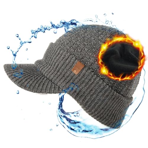 TOP-EX Waterproof Visor Beanie Hat for Men Winter Knit Skull Stocking Cap with Brim Women, Merino Wool & Fleece Lined & Water Proof Headwear for Cold Weather Gray M/L