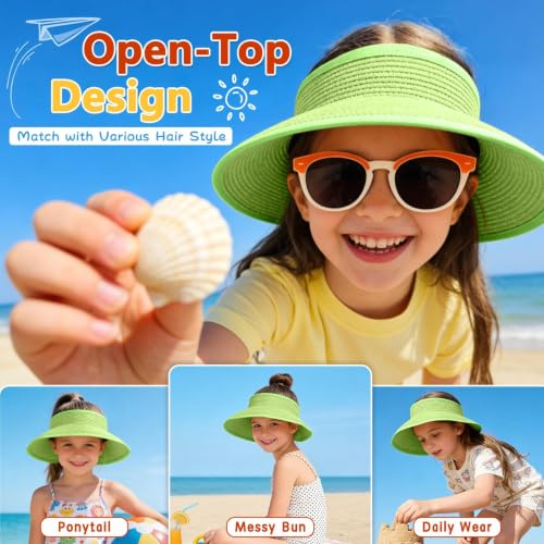 ZOORON Girls Straw Sun Visor Hat, Wide Brim Ponytail Beach Hat with Bow - color: Apple Green