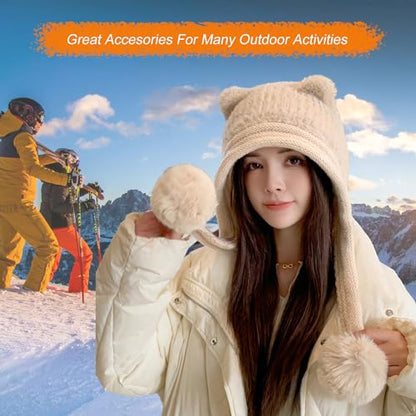 HUAMULAN Women Winter Sherpa Knit Beanie Hats with Pom Poms Ear Flaps - color: Xz3123-mise