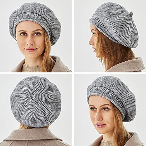 FENELY Beret Hat for Women, French Style Beanie Winter Fashion Warm Thickened Lining Knit Cap - color: Grey