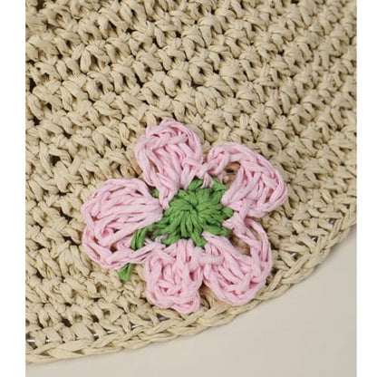Women Straw Sun Hat Summer Beach Hats Foldable Floppy Cap Wide Brim Bucket Hat Solid Handmade Sun Protection Caps - color: Flora-beige