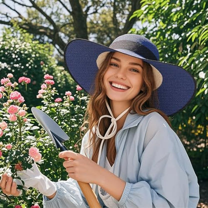 Barelove Sun Straw Hat Wide Brim Shape Hat with UPF 80+, Packable Foldable Floppy Summer Beach Hat for Women Men - color: Navy Blue - Wide Wrap