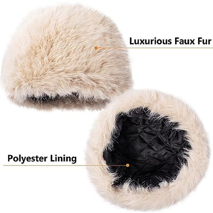 Peicees Winter Faux Fur Hat for Women Russian Style Ladies Ushanka Warm Fluffy Bucket Hat Fuzzy Furry Cap - color: Beige