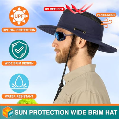 SUN CUBE Wide Brim Sun Hat for Men Women UPF 50+ UV Protection Safari Boonie Hat with Chin Strap, Pocket, Fishing Hiking Hat - color: Navy