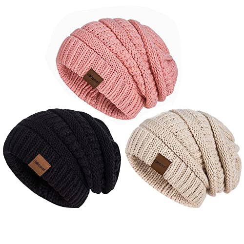 Slouchy Women's Winter 3 Pieces Beanie Hat Women Men Oversized Warm Knitted Women's Hat Winter Thick for Cold Weather - color: Black+oatmeal+pink